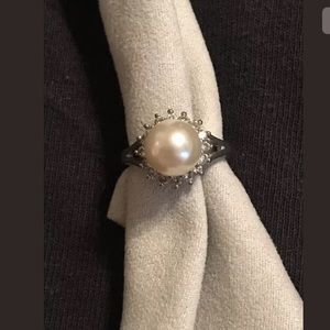 Faux Pearl Ring W/ Lab Created Sapphires (Size 8)